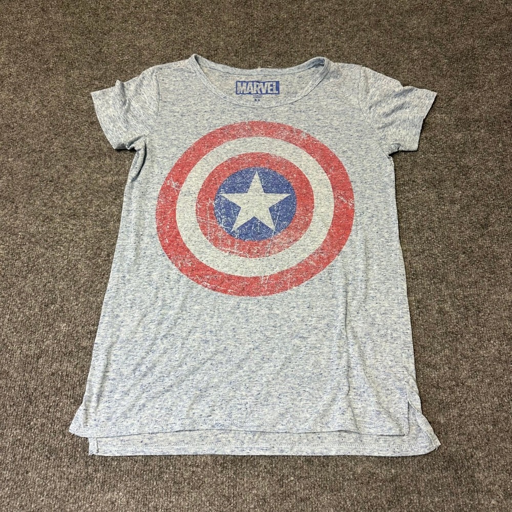 Marvel T-Shirt Womens Size M Blue Linen Blend Captain America Shield Graphic Tee